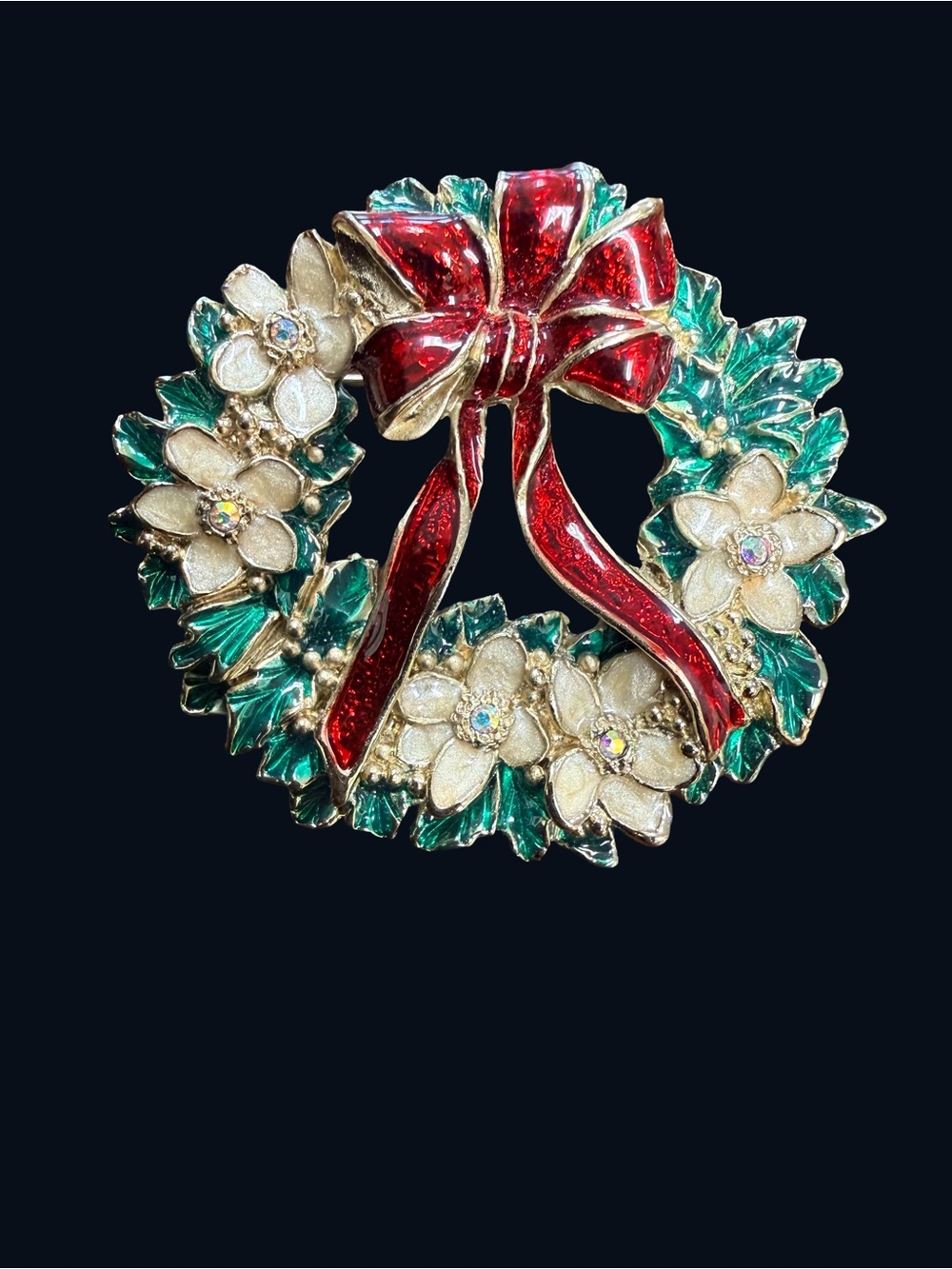 Vintage gold-tone Christmas wreath brooch enameled floral glossy red ribbon